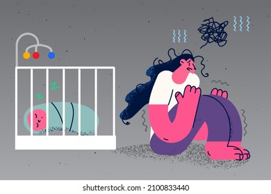 Unhappy young mother feel depressed near cradle with newborn infant suffer from postpartum depression. Upset mom near crib with baby kid struggle with psychological problem. Vector illustration. 