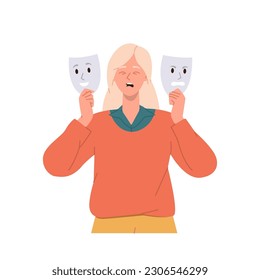 Unhappy young woman cartoon character crying trying to choose face mask to hide real emotion