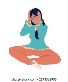 Unhappy young woman clutching head semi flat color vector character. Editable figure. Full body person on white. Depression simple cartoon style illustration for web graphic design and animation