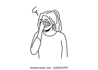 Unhappy young woman cover eyes feel depressed suffer from repetitive thoughts or overthinking. Upset girl struggle with mental or psychological problems. Vector illustration. 
