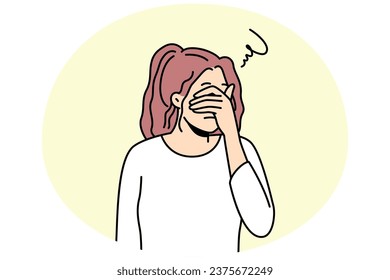 Unhappy young woman cover eyes feel depressed suffer from repetitive thoughts or overthinking. Upset girl struggle with mental or psychological problems. Vector illustration.