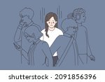 Unhappy young woman in crowd feel lonely abandoned in society. Upset sad girl suffer from loneliness and solitude. Depression and apathy concept. Emotional burnout. Flat vector illustration. 