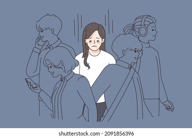 Unhappy young woman in crowd feel lonely abandoned in society. Upset sad girl suffer from loneliness and solitude. Depression and apathy concept. Emotional burnout. Flat vector illustration. 