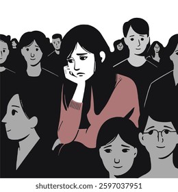 Unhappy young woman in crowd feel lonely abandoned in society. Upset sad girl suffer from loneliness. Depression and apathy concept. Emotional burnout. 