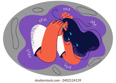 Unhappy young woman crying suffering from depression or mental problems. Upset girl struggle with psychological troubles. Vector illustration.