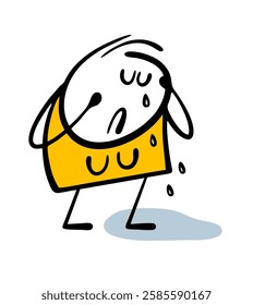 Unhappy young woman is crying. Vector illustration of an offended stickman in  pool of tears. I need help solving a psychological problem. Isolated character on white background.