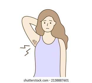 Unhappy young woman with dark hairy armpit problem. Beauty routine, Hygiene, laser innovation, hair removal, body skin care concepts. Hand drawn cartoon character vector isolated illustration.