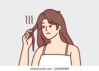 Unhappy young woman distressed with thin breakable hair. Upset girl frustrated with hair loss and breakage having split ends. Haircare and beauty. Vector illustration. 