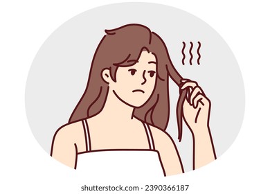 Unhappy young woman distressed with thin breakable hair. Upset girl frustrated with hair loss and breakage having split ends. Haircare and beauty. Vector illustration.