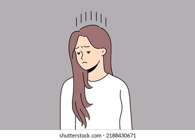 Unhappy young woman feel distressed and down suffer from depression or psychological problems. Upset female struggle with mood swing and loneliness. Vector illustration. 