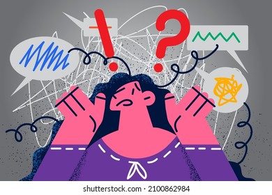 Unhappy young woman feel frustrated having mess and chaos in head. Upset confused female think of problem solution. Psychological mental disorder. Flat vector illustration. 