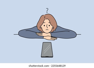 Unhappy young woman feel frustrated looking at cellphone waiting for call or message. Upset confused girl distressed with missing notification on smartphone. Vector illustration. 