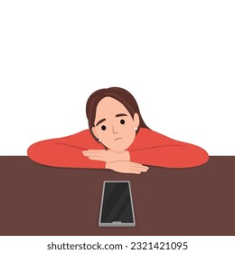 Unhappy young woman feel frustrated looking at cellphone waiting for call or message. Upset confused girl distressed with missing notification on smartphone. Flat vector 