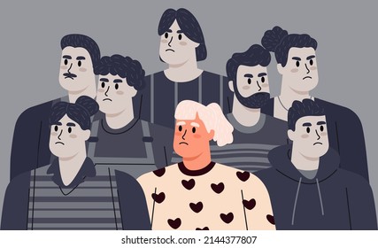 Unhappy young woman feel lonely abandoned in crowd suffer from communication lack. Upset girl struggle with depression or mental disorder. Psychological problem. Vector illustration
