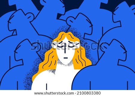 Unhappy young woman feel lonely abandoned in crowd suffer from communication lack. Upset girl struggle with depression or mental disorder. Psychological problem. Flat vector illustration. 