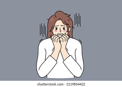 Unhappy young woman feel scared or terrified of life problems or situation. Upset girl show fear emotion have anxiety or panic attack. Healthcare concept. Flat vector illustration. 