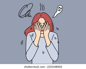 Unhappy young woman feel scared and terrified suffer from anxiety and depression. Upset stressed female struggle with fear and astonishment. Vector illustration. 