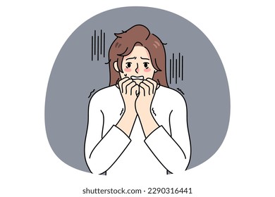 Unhappy young woman feel scared or terrified of life problems or situation. Upset girl show fear emotion have anxiety or panic attack. Healthcare concept. Flat vector illustration.