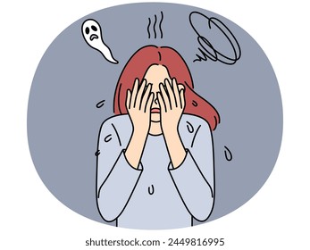 Unhappy young woman feel scared and terrified suffer from anxiety and depression. Upset stressed female struggle with fear and astonishment. Vector illustration.