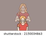 Unhappy young woman feel stressed have her ghost twin cover eyes with hands. Upset girl struggle with depression or reality denial. Concept of self-deception. Flat vector illustration.