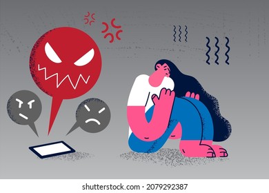 Unhappy young woman feel stressed suffer from cyber bullying on tablet or cellphone. Upset girl crying struggle with negative comments on social media on smartphone. Vector illustration. 