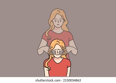 Unhappy young woman feel stressed have her ghost twin cover eyes with hands. Upset girl struggle with depression or reality denial. Concept of self-deception. Flat vector illustration.