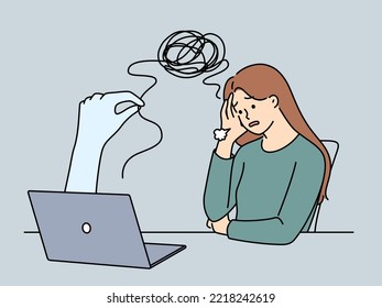 Unhappy young woman feel stressed have online session on computer with psychotherapist. Distressed girl consult psychologist on video call on laptop. Vector illustration. 