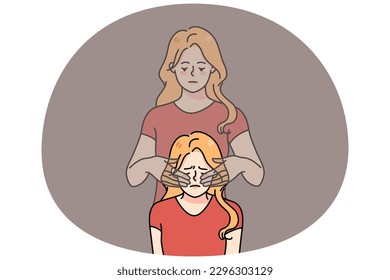 Unhappy young woman feel stressed have her ghost twin cover eyes with hands. Upset girl struggle with depression or reality denial. Concept of self-deception. Flat vector illustration.