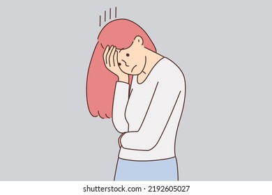 Unhappy young woman feeling distressed lost in thoughts. Upset female feel depressed overthinking problems. Vector illustration. 