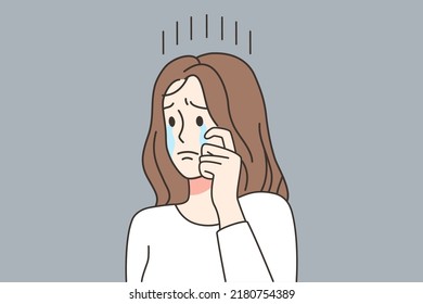 Unhappy young woman feeling down crying. Upset girl distressed with loneliness or solitude. Personal or mental problem. Depression concept. Vector illustration. 