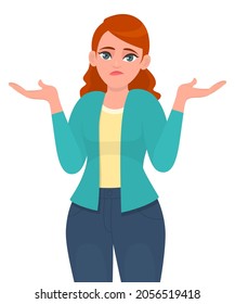 Unhappy young woman gesturing I do not know what to do. Girl shrugging shoulders and spreading hands. Sorry! Female character illustration design. Modern lifestyle concept in vector cartoon style.