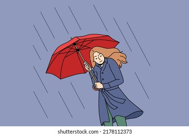 Unhappy young woman going under umbrella rainy day  Upset stressed girl walk outside cold bad weather in storm   thunderstorm  Vector illustration  