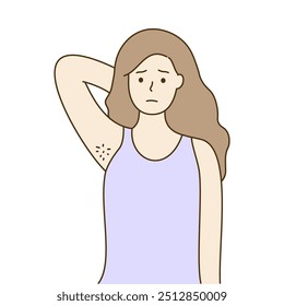 Jovem infeliz com problema na axila pilosa. Rotina de beleza, Higiene, inovação a laser, remoção de cabelo, conceitos de cuidados com a pele do corpo. Ilustração isolada do vetor de personagens desenhados à mão.