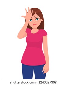 Unhappy young woman hand on head for mistake, remember error. Forgot, bad memory. Human emotion and body language concept illustration in vector cartoon flat style.