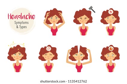 Unhappy young woman with headache, fever temperature and dizziness set. Sad female character with migraine pain, painful facial expression. Healthcare medical concept. Vector illustration