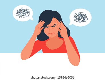 Unhappy young woman holding head. Depression human with headache problems. Vector illustration of bad emotions in flat style.
