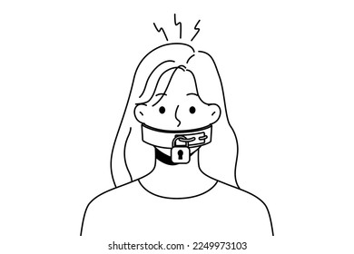 Unhappy young woman with lock on mouth suffer from censorship and communication ban. Stressed female restricted from talking and opinion. Vector illustration. 