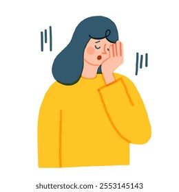 Unhappy young woman make hand gesture suffer from bad news. Upset female struggle with migraine or headache. Vector illustration.