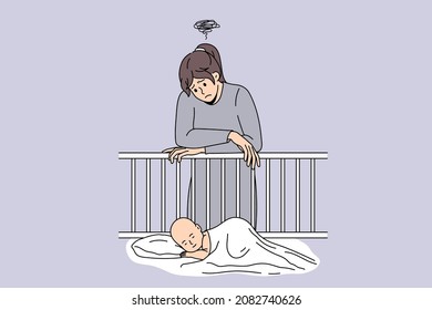 Unhappy young woman near baby crib thinking struggling with postpartum depression. Upset tired mother suffer from psychological emotional mental problems after pregnancy. Vector illustration. 