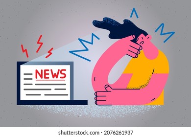 Unhappy young woman read news online on laptop distressed with bad message. Upset girl frustrated confused with negative information on computer on internet. Flat vector illustration. 