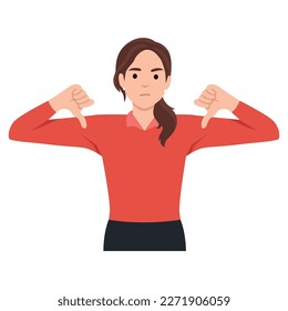 Unhappy young woman show thumb down dissatisfied with bad quality service. Upset distressed female demonstrate dislike and disapproval. Flat vector illustration