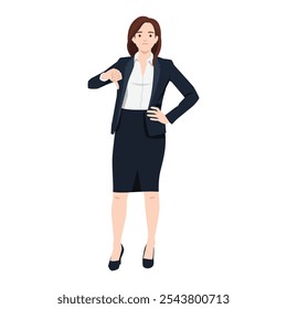 Unhappy young woman showing thumbs down sign. Flat vector illustration isolated on white background