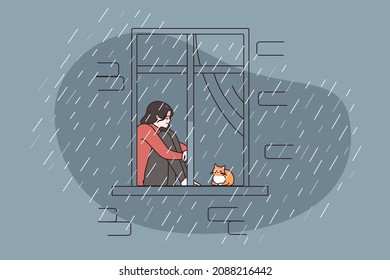 Unhappy young woman sit at home look in window feel lonely and abandoned, suffer from depression. Upset stressed girl with cat indoors, struggle with anxiety or mental disorder. Vector illustration. 