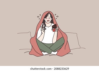 Unhappy young woman sit on sofa in blanket cry after breakup eat chocolate. Upset lonely girl feel desperate broken at home, have guilty pleasure sweets. Female life problem. Vector illustration. 