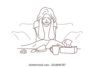 Unhappy young woman sit on couch at home crying suffering from depression or life problems. Sad girl feel down distressed alone. Breakup and mental trouble. Vector illustration. 