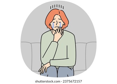 Unhappy young woman sit on couch crying suffering from depression or loneliness. Upset female distressed with solitude or breakup. Vector illustration.
