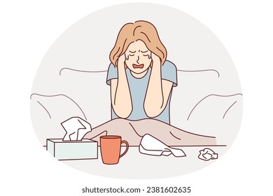 Unhappy young woman sit on couch at home crying suffering from depression or life problems. Sad girl feel down distressed alone. Breakup and mental trouble. Vector illustration.