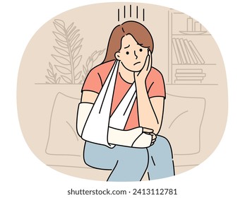 Unhappy young woman sit on sofa at home with broken arm in bandage. Upset girl with hand injury wear split. Healthcare and rehabilitation. Vector illustration.