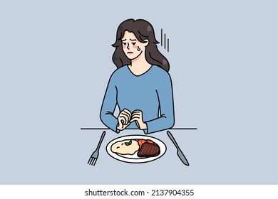 Unhappy young woman sit at table with food struggle with eating disorder. Upset girl refuse from meal suffer from anorexia or bulimia. Healthcare and psychological help. Vector illustration. 