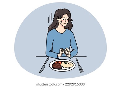 Unhappy young woman sit at table with food struggle with eating disorder. Upset girl refuse from meal suffer from anorexia or bulimia. Healthcare and psychological help. Vector illustration.